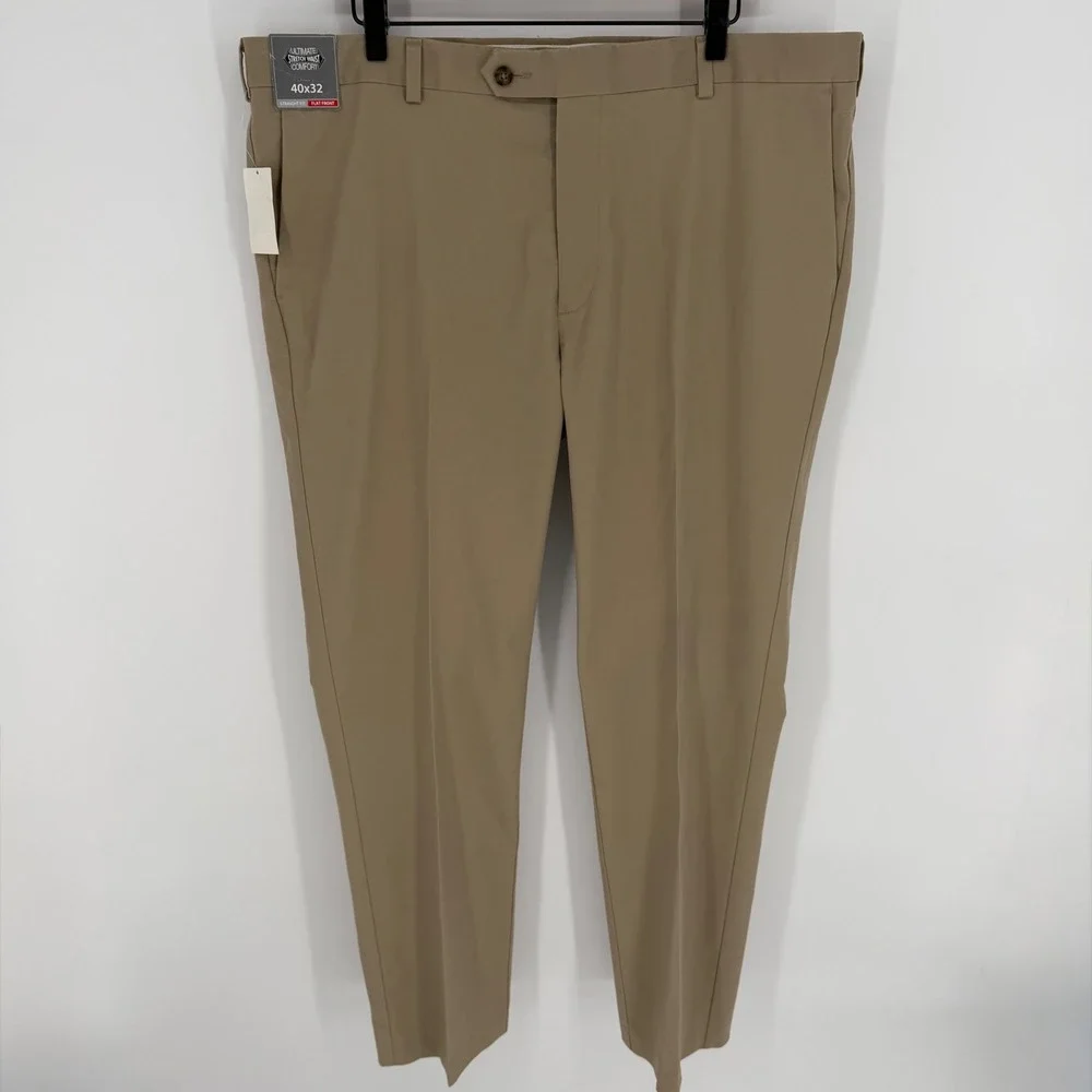 Roundtree & Yorke TravelSmart Mens 40x32 Khaki Straight Fit Flat Front Pants NEW
